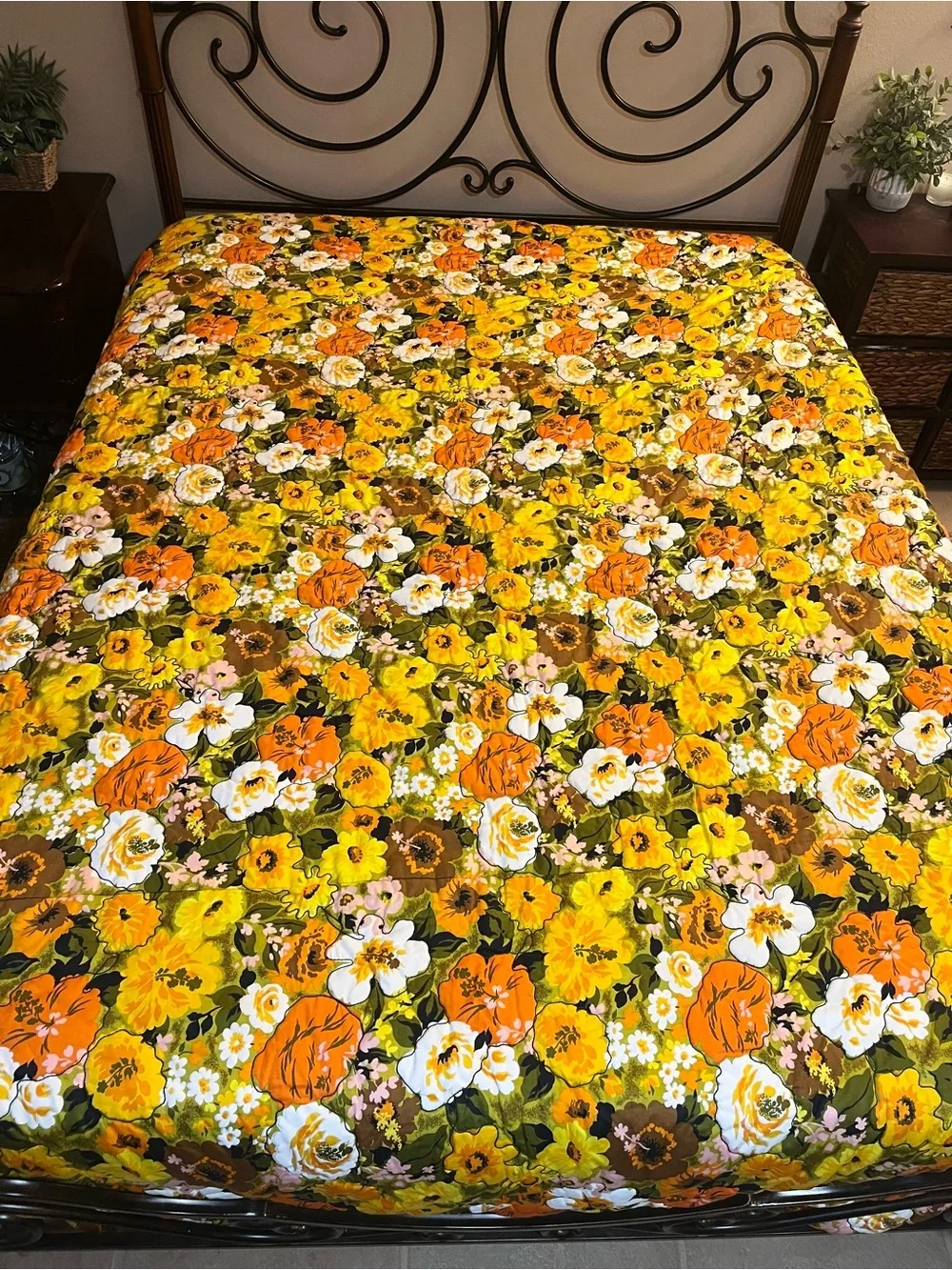 Vintage 1960s 60s Large Floral Orange Yellow Brown White Green Blanket Comforter